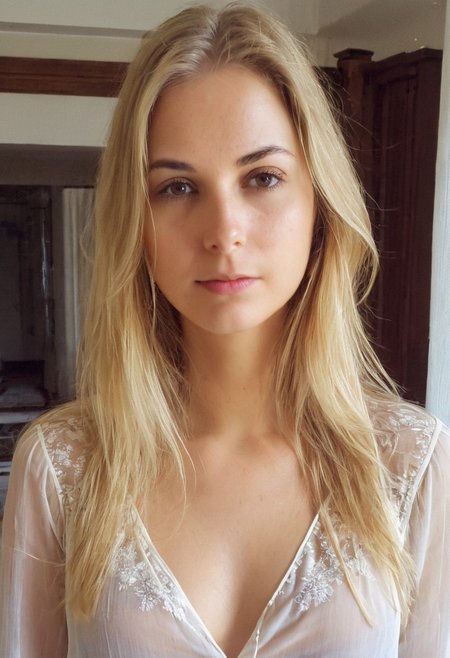 selfie , a 24 year old gorgeous girl ,, detailed skin face and eyes , natural lighting , at home , long hair,  see through loose blouse, cleavage, film grain, low contrast, natural face ,  blonde hair , dark brown eyes, dark circles under eyes, sexy, nipples visible under blouse,