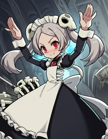score_9, score_8_up, score_7_up, source_anime, <lora:skullgirls-marie-ingame-ponyxl-lora-nochekaiser:1>, marie, hair ornament, red eyes, twintails, skull, skull hair ornament, grey hair, forehead,, apron, maid, maid headdress, long sleeves, wrist cuffs,, tunnel, dark, underground, passage, walls, , <lora:rabbit-pose-ponyxl-lora-nochekaiser:1>, rabbit pose, smile, blush,, looking at viewer, solo,, dutch angle, cowboy shot