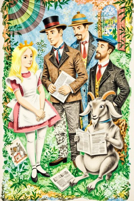leowe1 illustration.
The image depicts a blonde young girl, Alice in Wonderland in a fantastical garden scene. She has long, flowing blonde hair and is dressed in a white apron with a pink hem and a white dress, accessorized with white stockings and black shoes. On the right side stand two men, and a sitting goat who is reading a newspaper. <lora:gwonder1_cap_d6a3e15:1.0><lora:826573766432667392:0>