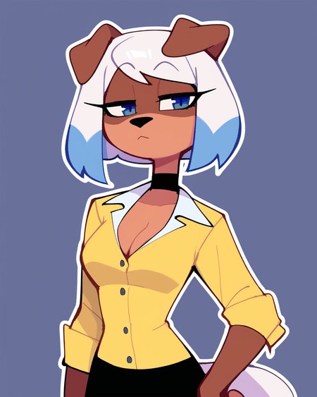 score_9_up, score_8_up, score_7_up, score_6_up, by remanedur, half-length portrait, white hair, short hair, multicolored hair, medium breasts, furry female, blue eyes, female, furry, dog, floppy ears,  looking at viewer, yellow dress shirt, cleavage, black choker, black skirt, black boots, white tail, brown body, solo, pantyhose, hand on hip, office lady, office clothing, neutral expression, three-quarter view, head tilt, simple background, white outline, <lora:Leah_Pines(AIM)_XL_v1:0.15> <lora:PDXL_artist_tags_v2_big:0.5> <lora:The-Minuscule-Task_PDXL_v1.0:0.6>   <lora:Peppy_BearArms6:0.55>