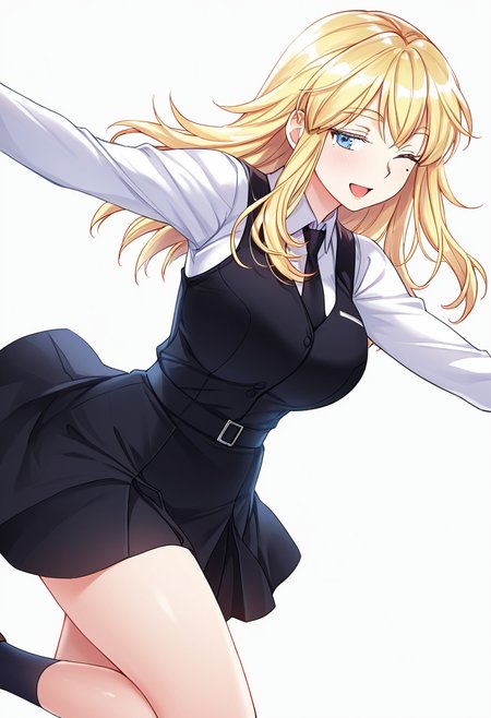 Smooth Quality,masterpiece,very intricate, high quality details, ultra realistic, high detailed skin,detailed enviorement,absurdres,
simple background, white background, dancing,skindentation, solo,from below,reaching,
 <lora:Laura_Zeppelin_CNR:0.8>laura_cnr, 1girl, blonde hair, long hair, blue eyes, mole under eye, large breasts,laura_uniform_cnr, school uniform,white shirt, collared shirt,black vest,black necktie,plaid skirt,black dress, pinafore dress, long sleeves, socks, shoes,, seductive smile,, ;d,