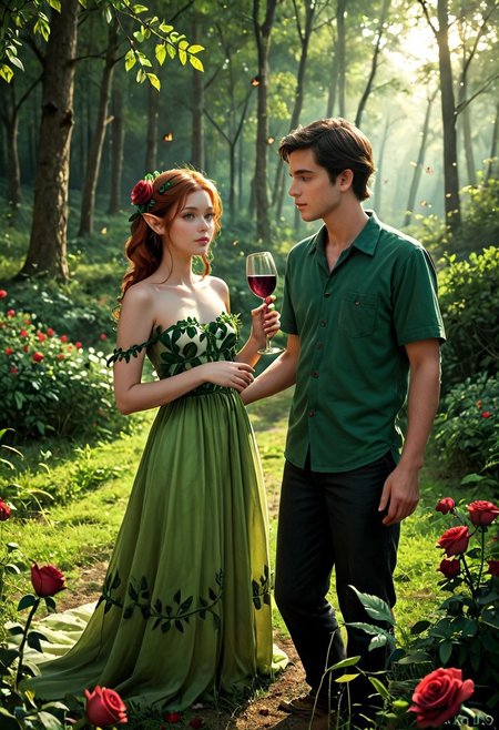 safe_pos, masterpiece,best quality, highly detailed, sfw, score_9, score_8_up, score_7_up, score_6_up, 1girl, dryad, green skin, roses in hair, long flower dress, 1boy, elf, green tunic, offering glass of wine.
Enchanted forest, night,, fireflies, very romantic, soft lighting.