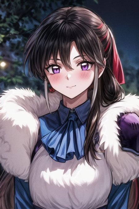 masterpiece,  best quality 1girl Setsun4 solo long hair,  (night time) forest background black hair very long hair purple eyes multicolored hair armor (fur trim) (medium body),<lora:EMS-179-EMS:0.800000>,<lora:EMS-293862-EMS:0.800000> bow, hair_bow, hair_tubes, red_bow, brown_hair, long_hair, bangs, ascot, frilled_bow, yellow_ascot, blush, smile, hair_between_eyes, athletic