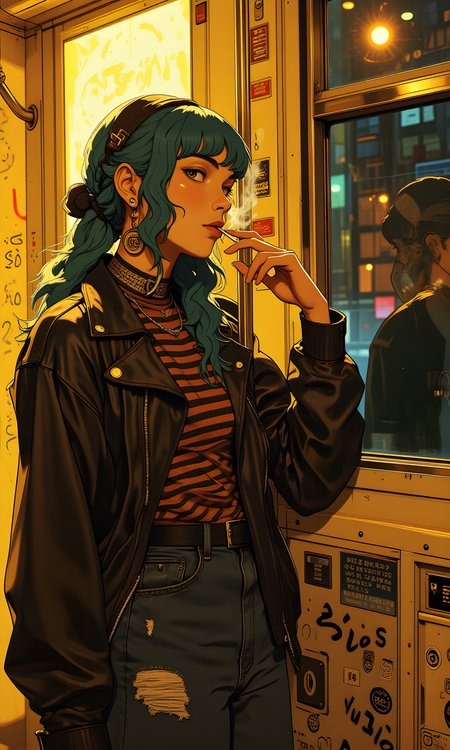 A young woman with blue-tinted hair styled in braids is the central subject, standing inside a subway car. The camera captures her from a slightly low angle, focusing on her as she smokes a cigarette, her hand raised to her mouth. The warm, artificial light from the overhead fixtures illuminates the scene, casting soft shadows that accentuate her facial features and the texture of her clothing. The light also reflects off the window behind her, creating a glow that contrasts with the darker areas of the image. The background is filled with yellow walls covered in graffiti and stickers, adding an urban and gritty atmosphere. A window with reflections of the outside world occupies the right side of the frame, further enhancing the sense of being in a public transit space. The composition centers on the woman, with her leather jacket, striped shirt, and ripped jeans contributing to a rebellious and edgy aesthetic. The surrounding elements, including the window frame and the wall details, frame her figure, drawing attention to her presence within the confined space.
BREAK anime, d13s3lp2nk, bboil artist style, OBdonman, Anime art, <lora:FLUX\Anime Art V3:0.2>, <lora:FLUX\Synesthesia:0.2>, <lora:FLUX\RetroAnimeS1.1:0.5>, <lora:FLUX\Flux-jijia:0.1>, <lora:FLUX\It's a LoRA for portraits, BUT! actually specialized in backgrounds. v1.0:0.1>, <lora:FLUX\GLSHS:0.2>, <lora:FLUX\Dieselpunk Delight - s0_9 g4:0.4>, <lora:FLUX\OBdonman, anime0style portrait:0.1>