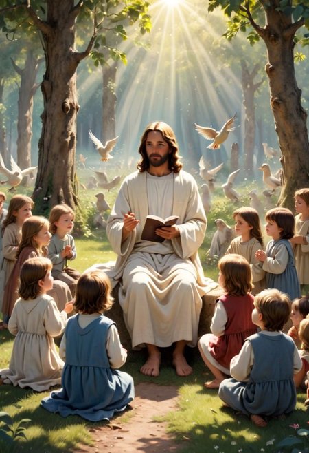 A holy, sweet, and endearing photo depicting Jesus Christ teaching small children in a small clearing. Sunny Day with cute tiny birds.