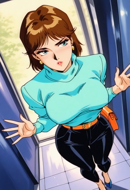 JaquelineMoyertMB, 1girl, solo, brown hair, medium hair, bangs, blue eyes, eyelashes, nose, pink lips, earrings, large breast, thick thighs, pale aqua turtleneck, orange belt, black pants, blue shoes, elbow sleeves,  handbag, news microphone,
,seductive pose, sexy pose, tease, 
masterpiece, best quality, ultra-detailed, very aesthetic, detailed background, very aesthetic, newest, scenery, highres, 4k, absurdres, 8k, colorful,vibrant, glowing, perfect face, 2d, perfect eyes, detailed eyes, 
 masterpiece, best quality, ultra-detailed, very aesthetic, newest, scenery, absurdres, perfect anatomy, , perfect face, perfect eyes, mature body, clear eyes, beautiful eyes, athletic, curvy body, athletic girl, perky tits, perfect tits, round breasts, pinup pose, teasing, lustful expression,
muscular female, dutch angle,
,detailed eyes,Smooth Negative, highres, absurdres,   uncensored, 90s_anime_aesthetic, 1990s (style), retro, retro artstyle