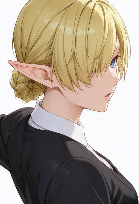 Smooth Quality,masterpiece,very intricate, high quality details, ultra realistic, high detailed skin,detailed enviorement,absurdres, 
simple background, white background, 
from side,dancing,
:o,solo, 
 <lora:Kagali_cnn:0.8> 1girl, blonde hair, blue eyes, pointy ears, elf,short hair, braid, hair over one eye,suit, white shirt,