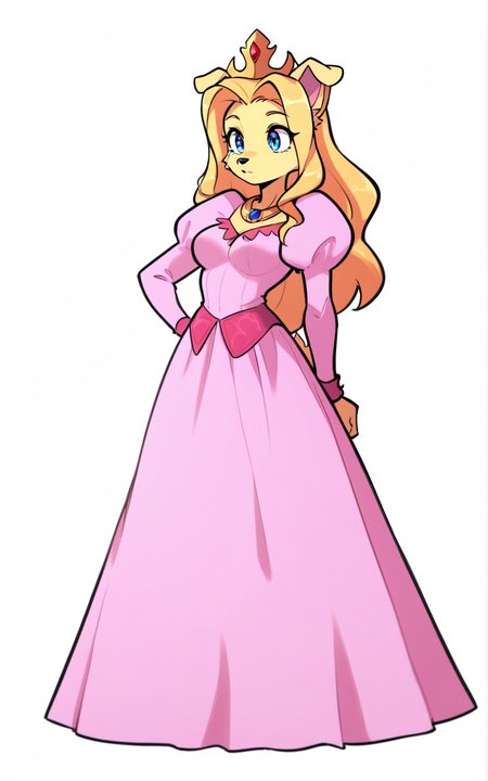 best quality, absurdres,full body, <lora:BolivanteStyleITS:0.8>,  <lora:PTTCITS:0.8>, PTTCITS, long hair, blue eyes, blonde hair, long sleeves, dress, animal ears, jewelry, puffy sleeves, tiara,furry, furry female, dog ears,dog girl, white background,pink dress, standing, long skirt