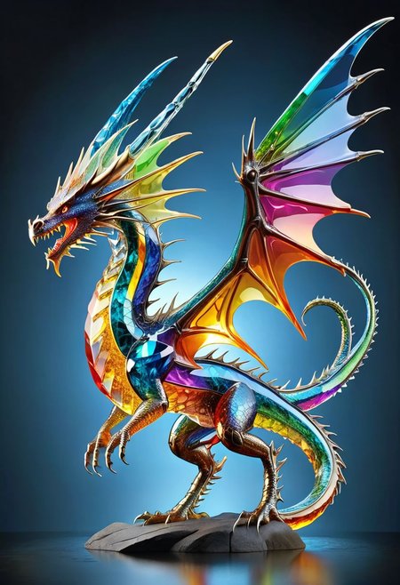 A dragon made out of crystal, ultra detailed, enhanced, prismatic colors, flying but preparing to land, large wings outstretched with ribs showing in the wings. Long neck with spines along the top, impressive head with open, non threatening expression,