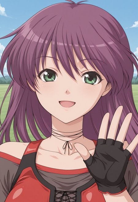 tomisawa_rei, green eyes, purple hair, long hair, choker, fingerless gloves, wrestling outfit, crop top, bare shoulders, long sleeves,  <lora:tomisawa_rei_illustrious_ver1:0.8> 
smile,, masterpiece, best quality, very aesthetic, absurdres, general,, 1girl, solo, blue sky, (grasslands:1.2), looking at viewer,, (upper body:1.2), (close-up:1.2), (facing viewer:1.2), (open eyes:1.4), (portrait:1.2)