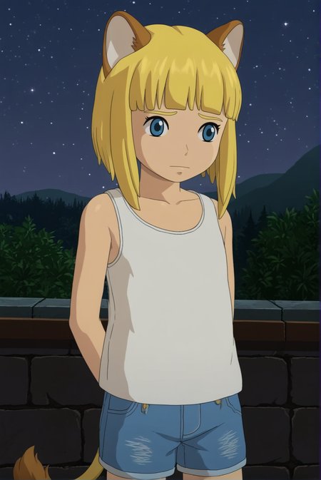 source_anime, drawyng style, solo, Evan Pettiwhisker, child male, skinny, blonde hair, cat ears, lion tail, sad, cowboy shot, white tank-top, denim shorts, outdoors, night sky, close view,   <lora:Evan_Pettiwhisker:0.9>