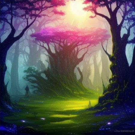 A beautiful fantasy Spring forest landscape with mythical creatures. The atmosphere is mystic and mysterious.