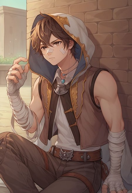 score_9, score_8_up, score_7_up, source_anime, highly detailed, 
ayer, male focus, bandages, hood, 1boy, solo, bandaged arm, brown hair, brown eyes, sleeveless, bandage on face, belt, pants, hood up, expressionless,
outdoor, sit,