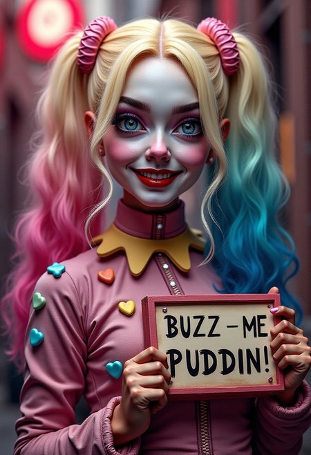 score_9, score_8_up, (masterpiece), best quality, PsychadelicChaos style, w0gf1l, eyes, perfect face, 1man  , Harley Quinn , colorfull  suit made  from candyhearts, holding sign that says:" BuZZ mE Puddin!" ,l, psychadelic, surreal, crazy