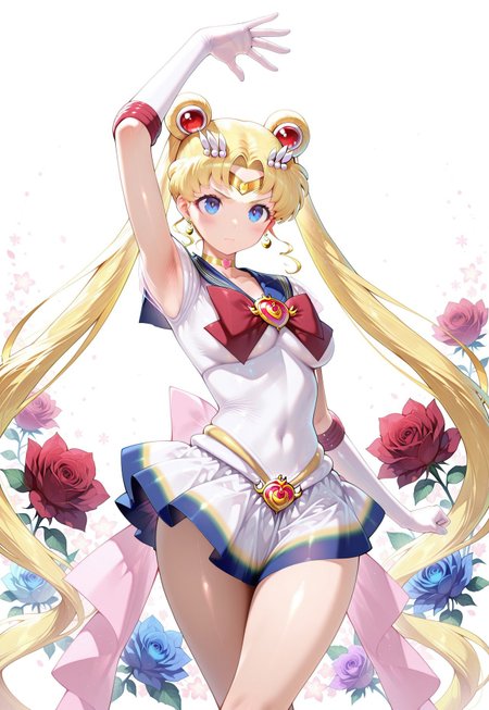 masterpiece,extremely detailed,best quality,amazing quality,newest,absurdres,highres, super detailed skin,1 girl, supersailormoon, twintails, circlet, earrings, heartchoker, white back bow ,gloves, miniskirt,, one arm up, graceful dancing posture,  crossed legs standing up, proud and defiant face, serious_expression, floral print background