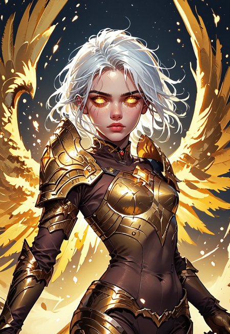 ((zPDXL3)), ((masterpiece,best quality, highly detailed)), ((score_9)), score_8_up, score_7_up, score_6_up, score_5_up, score_4_up, Digital painting style, brushstrokes, ((EnhanceImage)), solo, 1girl, KayleLoLXL, glowing eyes, yellow eyes, white hair, short hair, long hair strand, medium breasts, yellow wings, gold armor, gold shoulder armor, arm armor, gold gloves, gold breastplate, brown bodysuit, gold leg armor, gold armored boots,
Expressiveh, 30yo, adult lustful confident woman, petite, slender body, perky saggy natural breasts, full lips, bangs, sidelocks, straps,
chinese magical sorceress, animated, swirling magic, wisps of magic, dancing pose, tight squeezed outfit, magical accessories, evoking motion, conveying motion, dynamic splash art, 
<lora:PainterlyFantasiaPDXL:0.6>,