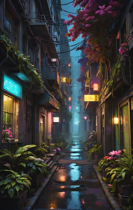Cyberpunk aesthetic, a beautiful alley, urbex, city, crystal, flowers, architecture, island, at night, at dusk, neon noir, apocalyptic, forest, magic, at spring, rainforest, vibrant colors, stunning detailed background. dark and moody, a mesmerizing blend of light and shadow. masterpiece, absurdres, intricate details