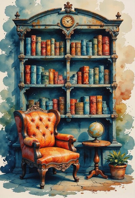 Jedhydipa, Jedwtclr, watercolor art, Tiny shelves filled with books, a vintage armchair, and a miniature globeball packed into a matchbox for a cozy miniature library feel, inspired, beautiful detailed,highly detailed, sharp and in focus,photorealistic