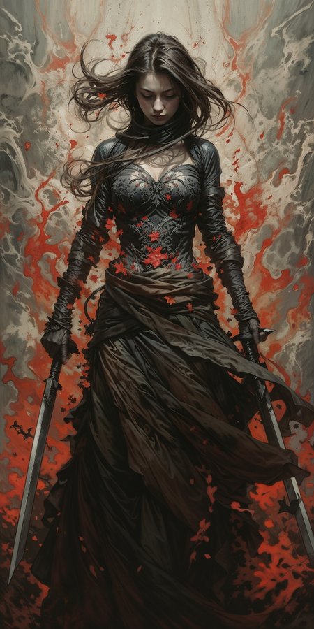 Digital artwork featuring a dark fantasy theme. The layout is vertical, focusing on a central female figure with long, flowing dark hair and pale skin. She is dressed in a black, intricately detailed outfit with a corset-like top and a long, flowing skirt. The subject holds two swords, one in each hand, with a determined expression on her face. The background is a dramatic mix of swirling smoke and fiery red and orange hues, creating a sense of intense energy and movement. There are red leaves or petals scattered around her, adding to the dynamic composition