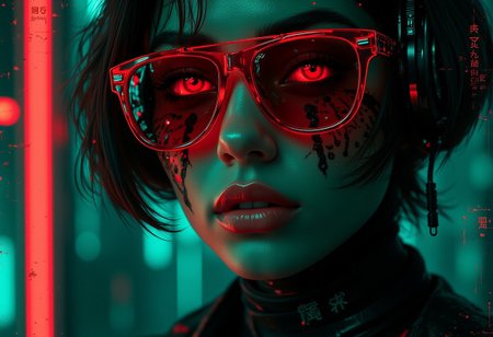 bo-abyss, Hyper-realistic close-up portrait of a futuristic woman
A retro-futuristic portrait of an enigmatic woman with red sunglasses, her expression mysterious and captivating. The background is a dark green, adding to the poster's eerie atmosphere. Her features include short black hair and bold makeup, illuminated by neon lights that cast soft shadows on her face. Inspired by the movie posters for 'The Matrix', this artwork captures her in sharp focus against a dark backdrop, emphasizing the contrast between light and shadow in the style of the film's aesthetic.
the colors are vivid and vivid, enhancing the ethereal and otherworldly feel of the scene, partially blended with abstract digital elements. The scene has a dark, moody ambiance. The background features layers of glitch art, fragmented texts, and metallic textures. contrasting against the monochromatic tones of black, grey, and hints of blue. Smudged paint and scratches add a sense of decay and technology,  <lora:Flux\boFLUX digital-abyss.safetensors:1.0:1.0>