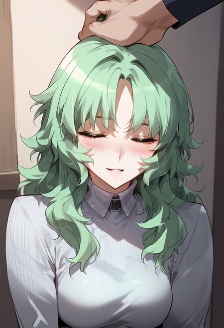 zPDXL3, score_9_up, score_8_up, score_7_up, (Anime_source), 1girl, headpat, pov hands, VivianBelkan blue eyes, green hair, long hair, turtleneck sweater, ribbed sweater, sweater dress, parted lips, bright smile, closed eyes, blush, upper body