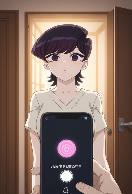 score_9, score_8_up, score_7_up, score_6_up, source_anime, masterpiece, best quality, ultra-detailed, highres, absurdres, cinematic lighting, 
1girl, Shuuko Komi, 
doorway, front door, answering door, hand on door, opening door, 
looking at viewer, 
1boy, mind control, hypnosis, smartphone, pov holding phone, 
female focus, 3/4 angle view, three quarter view, from below, ,shuuko komi, shuuko komi, short hair, black hair, black eyes