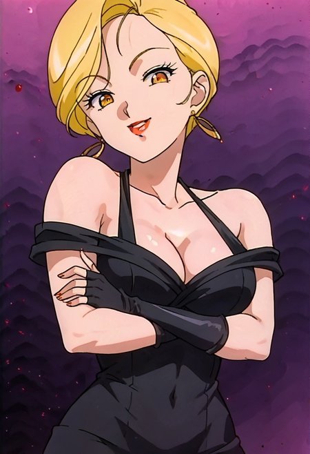 score_9, score_8_up, score_7_up, source_anime, rating_explicit, 1girl, (mature female:1.2), solo, ideal ratio body proportions, intricate details, (best quality, amazing quality, perfect anatomy:1.4), very aestheic, incredibly absurdres, masterpiece, anime screencap, extremely detailed CG, uncensored, beautiful, purple background, Digital Space, BREAK 
performa, short hair, blonde hair, makeup, red lips, gold eyes, earrings, black dress, black skirt, long skirt, off-shoulder, halter strap, long gloves, fingerless gloves, large breasts, cleavage, BREAK 
pov, portrait upper body, from below, standing, looking at viewer, smile, parted lips, teeth, crossed arms, BREAK