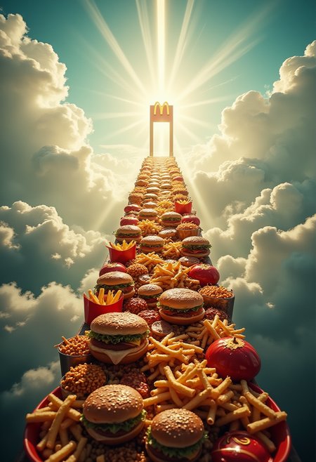 A long staircase leading to the sky, surrounded by clouds and light shining through them. The stairway is filled with McDonald’s food. There's an open door with McDonald’s logo at its end that leads into heaven. hyper-realistic,photorealistic,surrealistic