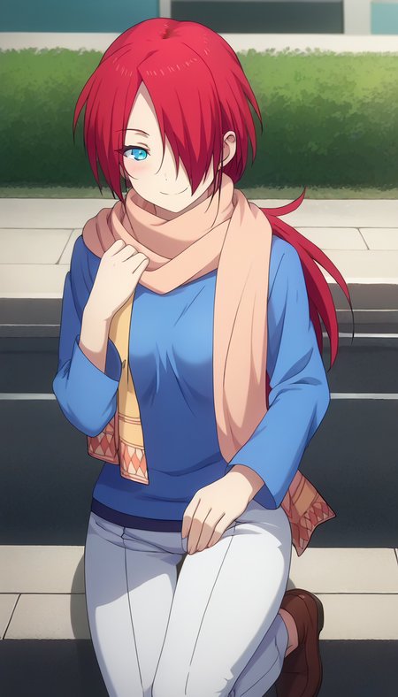 score_9,score_8_up,masterpiece,best quality,correct anatomy,anime_source,1girl,solo,perfect eyes,perfect arms,perfect legs,perfect face,outdoors,upper body,(portrait:1.5),looking at viewer,facing viewer,smile,blush,Sara Shen,long hair,red hair,low ponytail,sidelocks,parted bangs,hair over one eye,blue eyes,scarf,blue sweater,long sleeves,medium breasts,white pants,brown footwear,<lora:Sara Shen(cl)-Pony:1.6>,
