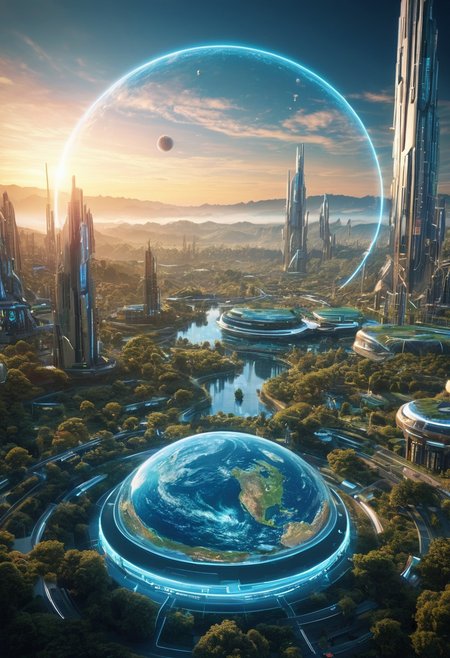 Holographic Horizons Create an image showing a futuristic world where holographic technology shapes everyday life and landscapes. Robotics, 
extra detailed, 
earth on year 2150