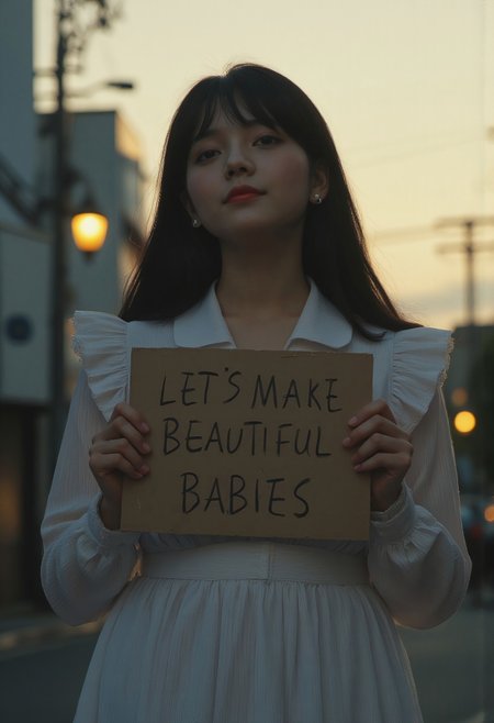A natural, amateur-style cinematic shot set in a quiet Tokyo neighborhood during golden hour. A beautiful busty Japanese woman stands under the soft glow of street lanterns and fading sunlight, her long, unstyled black hair casually falling over her shoulders. She wears a slightly worn maid dress that subtly accentuates her curvy figure in an understated way, with an inviting, honest smile on her face. In her hands, she holds a hand-written sign in clear, simple script reading "LET'S MAKE BEAUTIFUL BABIES". The scene is captured with a 35mm lens at f/1.8, producing a shallow depth of field that gently blurs the background, highlighting her natural charm. The warm, ambient light plays across her features, creating soft shadows and a realistic, textured look reminiscent of an unpolished home movie. The overall atmosphere is intimate, genuine, and inviting, capturing a spontaneous, unposed moment with a slight grain effect to enhance the authenticity of the film-like quality.