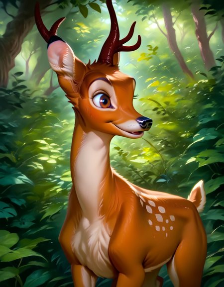 score_9, score_8_up, score_7_up, score_6_up,
bambi, adult, horns, deer, solo, ((Four legs,)) hyperdetailed, detailed fur, happy, forest, without stains on the back,
<lora:add-detail-xl:0.8><lora:Bambi:1>  <lora:Furry Enhancer 6.1:2>