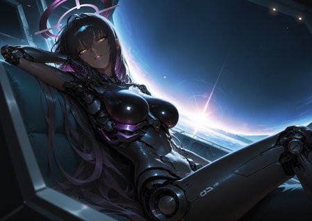 cyborg 1girl, angular, science fiction, futuristic, scenery, (karin \(blue archive\):1.0), sitting in space station, parted lips, mechanical torso, looking at viewer, black hair, yellow eyes, hair between eyes, dark skin, long hair, purple halo, creative angle, head tilt, (dutch angle, dynamic pose:0.9) BREAK masterpiece, best quality, absurdres, HDR, 8K, high contrast, film grain, cinematic lighting, realistic, depth of field, bokeh, neon trim, newest, aidmafluxpro1.1 <lora:- iLL - the_edgy_mech_V3.0:0.4> <lora:aidmaFLuxPro1.1-IL-v0.3:0.2> <lora:Hyper Helmets SDXL v1.0:0.5> <lora:CyborgMechExosuit_v1.5:0.7> <lora:ck-Sci-Fi-Concepts-IL-000015:0.15>âââ
