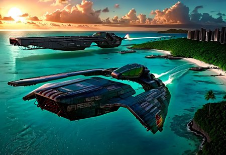 a dark blue (WipEout anti-gravity craft), (split-front:1.3),  flare, that has landed in the waters of a lagoon, floating in the sea, tropical island, blue sky, sunset, sharp, high detailed, realistic, sleek, scifi