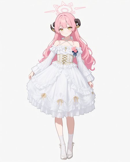 Positive: Masterpiece, best quality, amazing quality, very aesthetic, high resolution, ultra-detailed, absurdres,
1girl,solo,white_background,flat color，
zzAru, yellow eyes, pink hair, long hair, demon horns, halo,
white off-shoulder lace ruffled dress,
white dress,white off-shoulder,lace,frills,
criss-cross halter,
corsage,jewelry,
long sleeves,detached sleeves,
white pumps,white_legwear,  
standing,full_body, 