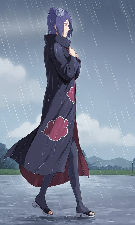 from side, hands on own chest, walking, 
k0nan, 1girl, solo,orange eyes, purple eyeshadow, lip piercing,
single hair bun, short hair, hair flower,cloak, 
long sleeves, high collar, cloud print, black pantyhose, sandals, 
rain, wind, clouds, wet,
 <lora:Naruto_Konan_PXL-000012:1>