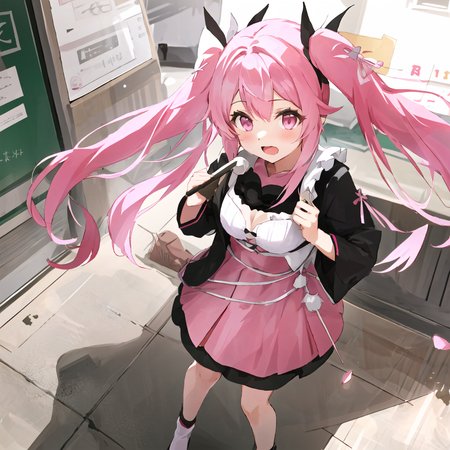 chiyoura chiyomi,solo,1girl,<lora:chiyoura chiyomi:0.7>,twin tail,long hair,pink hair,pink dress,ruffled skirt