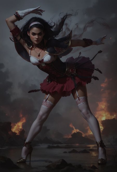 score_9, score_8_up, score_7_up, highly_detailed, masterpiece, sharp focus, realistic, photo-realistic, masterpiece, 8k, high detail RAW color art, shallow depth of field, close up,
(fantasy theme), dystopian, smoky atmosphere, nighttime, (Caucasian), (petite), thin, freckles, (flirty), (messy black hair), (detailed oily skin), (ornate necklace), standing, flirty but action pose, (elemental girl spinning fire and water in her hands), 
hairband, black capelet, white gloves, white shirt, red skirt, white thighhighs, garter straps, high heels,