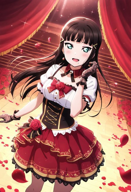 masterpiece, best quality, solo, 1girl, happy, aged up,
 dia_kurosawa, kurosawa_dia, long hair, bangs, black hair, hair ornament, green eyes, sidelocks, hairclip, blunt bangs, mole, mole under mouth, medium breasts, skirt, short sleeves, pleated skirt, rose-themed idol outfit, crimson and gold accents, corset top, lace gloves, rose petals falling, dramatic spotlight, grand stage with velvet curtains, romantic evening, glittering performance