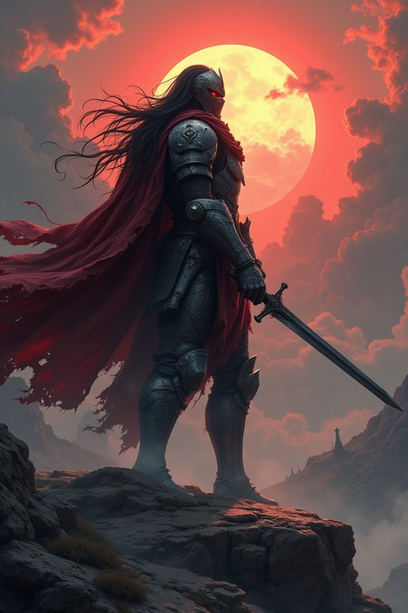 aidmafluxpro1.1,
Gritty, Monochrome with color Highlights, Sundawn, Landscape, towering Knight, heavy armored,Fantasy, dmsty, masterpiece, best quality, good quality, newest, highres, absurdres, solo, dark atmospheric, detailed, intricate, Orange-pink sun, Clouds, giant sword, Ethereal, dmsty, shaded eyes, 1girl, masterpiece, best quality, Long Hair, good quality, newest, highres, absurdres, grim reaper, Angle, dutch Angle, Action Scene, hyperdetailed, billowing cape, intricate hanfu, Torn Cape, Wind, particles, hood.closeup, towering pauldron, Ethereal Aura, Angle, Headshot, wielding sword, great sword, muscular, Red and White, two toned, painting, Parodie