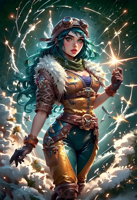 ((zPDXL3)), ((masterpiece,best quality, highly detailed)), ((score_9)), score_8_up, score_7_up, score_6_up, score_5_up, score_4_up, Digital painting style, brushstrokes, ((EnhanceImage)), solo, 1girl, IreliaARLoLXL, pink lips, green eyes, aqua hair, long hair, bangs, goggles on head, large breasts, green scarf, cleavage, brown jacket, fur trim, short sleeves, yellow bodysuit, blue bodysuit, black gloves, belt, brown boots, IreliaARLoLXL in Ww2plane, Fighter,
Expressiveh, 30yo, adult lustful confident woman, petite, slender body, perky saggy natural breasts, full lips, bangs, sidelocks, straps,
chinese magical sorceress, animated, swirling magic, wisps of magic, tight squeezed outfit, magical accessories, evoking motion, conveying motion, dynamic splash art, 
<lora:PainterlyFantasiaPDXL:0.6>,