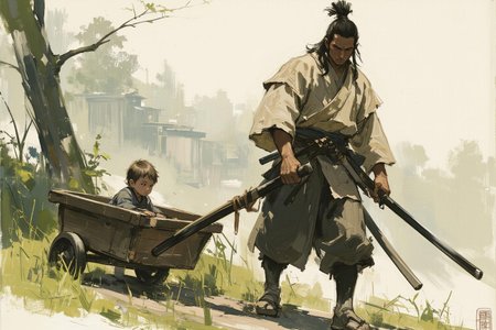 sketch painting. A stoic samurai dressed in traditional tattered kimono pushes a wooden cart through a serene yet dangerous landscape. Inside the cart sits a small child, quietly observing the world with wide eyes, drawing clear inspiration from "Lone Wolf and Cub." The samurai's hand grips the handle of the cart firmly, while his other hand rests on the hilt of his katana, ready for any threat. The background is a misty forest or ancient village, with hints of danger lurking in the shadows. The scene exudes a sense of duty, protection, and the quiet intensity of a warrior's journey. <lora:Eldritch_Paint_Sketch_for_Flux_1.0.5:0.5><lora:776874109985559719:0>