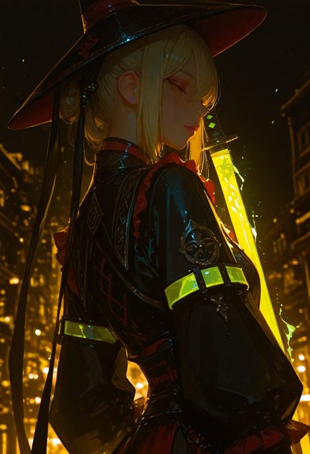 (score_9, score_8_up, score_7_up), masterwork, masterpiece, best quality, (realistic:1.3), (lineless:1.2), detailed, 8K, dynamic lighting, high detail, depth of field, blurry, cheekbones, city theme, full-body, glowing katana, glowing Pra Jiad armbands, avant-garde urban clothing, rugged outfit with frills and fringes, non la conical hat, neon glowing accents, athletic figure, flowing dark garment, glowing yellow background, radiant aura, high contrast, vibrant lighting, intricate details, mysterious vibe, stunning lighting, soft neon tints, luminescence, vibrant background, intense shadows, regal appearance, futuristic vision, unique fusion of traditional and modern, expressive, ethereal, glowing aura, expressive highlights, realistic glowing elements, 1girl, tall, athletic frame, powerful presence, illuminated from behind, soft glow from neon katana, glowing accessories, dramatic atmosphere, <lora:Niji FLUX:v1.0:1.00> <lora:Velvet's Mythic Fantasy Styles | Flux + Pony:Flux V2:0.75> <lora:Hands XL + SD 1.5 + FLUX.1-dev:Hand F1D v2.0:1.00> <lora:Sinfully Stylish (dramatic lighting):v.02 For Flux:0.40> <lora:Epic gorgeous Details:Balance_v2.0:0.85>