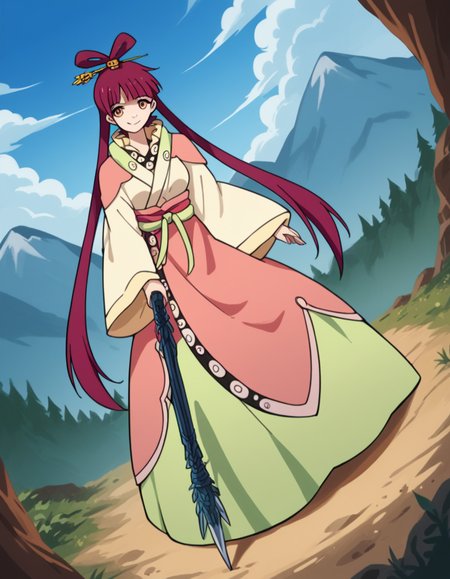 score_9, score_8_up, score_7_up, source_anime, <lora:kougyoku-ren-s1-ponyxl-lora-nochekaiser:1>, kougyoku ren, long hair, red hair, hair rings, twintails, bangs, blunt bangs, orange eyes, medium breasts,, shawl, dress, wide sleeves, long sleeves, sash, long skirt,, mountain trail, hiking, nature, backpack, adventure, fresh air, smile, v,, looking at viewer, solo,, dutch angle, cowboy shot