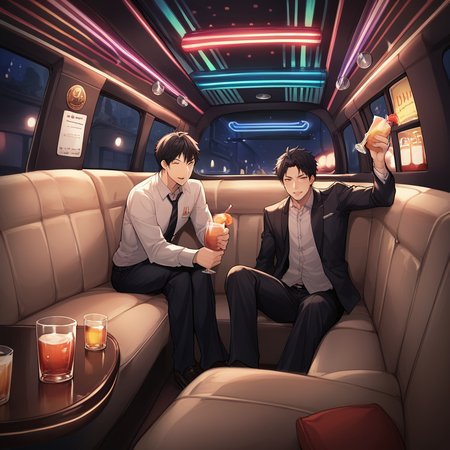 zPDXL2,score_9, score_8_up, score_7_up, score_6_up, score_5_up, score_4_up, source_anime,rating_questionable,multiple boys,party,  <lora:Limo_Interior:0.8> l1mo, couch, vehicle interior, night, neon lights, limousine, alcohol, bar