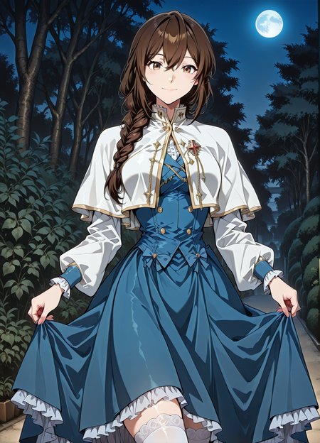 <lora:Lilia_Helstea__The_Beginning_After_the_End__Illustrious:1>
1 girl, solo, brown hair, brown eyes, long hair, hair between eyes, single braid
blue uniform, long sleeves, white capelet, white theghhighs, long skirt, blue skirt, frills
score_9, score_8_up, score_7_up, source anime, BREAK, cowboy shot, Masterpiece,(perfect female body:1.2), small waist, (incredibly detailed:1.4), slim, beautiful fingers, beautiful skin, looking at viewer, breasts, skirt hold, long sleeves, smile, garden backgroun, exterior, background, looking at viewer, night, blue moon, <lora:iLLMythG0thicL1nes:1>