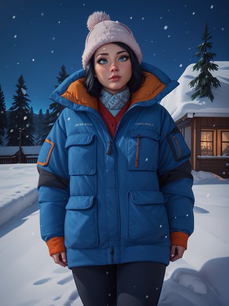 score_9, score_8_up, score_7_up, score_6_up, score_5_up, score_4_up, 1 woman, close up, black hair, winter hat, blue puffer jacket, thick blue down jacket, zipped up, bundled up, snow pants, puffer pants, thick pants, black pants, outdoors, snowy landscape, freezing cold, snowstorm, night, snowing, covered in snow and ice, <lora:Polar_Parka_-_Pony:1>