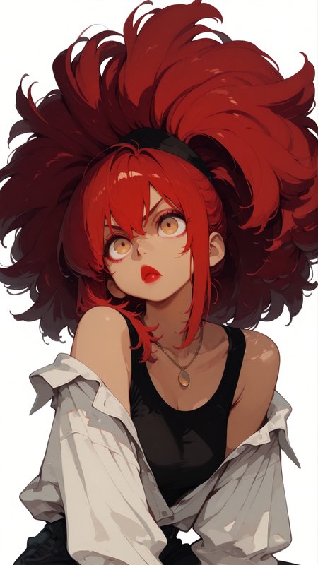 masterpiece, newest,absurdres,incredibly absurdres, best quality, amazing quality, very aesthetic, simple white background, western comics \(style\), 
1girl, pout, red lips, puckered lips, red hair, (big hair:1.4), wide ponytail, dojikko pose, 2 layered shirt, pink off shoulder, black tank top, necklace, 
<lora:style1_v1_Illusv2.0_1:0.6> stylized <lora:S4bit4mago:1> S4bit4mago_illu,  <lora:ka_marukogedago:1> k4_illu,  <lora:Face_Enhancer_Illustrious:0.4>