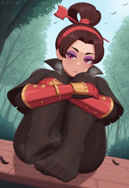 bluefrok,  outdoors, undershirt, falling feathers, black bodysuit, hair stick, hugging own legs, , gauntlets,   eyeshadow,   red gloves,  high ponytail,  , black capelet, red hairband, pink eyes, 1girl, solo, feet, visible breath,   dynamic angle, foreshortening, smell, steam,