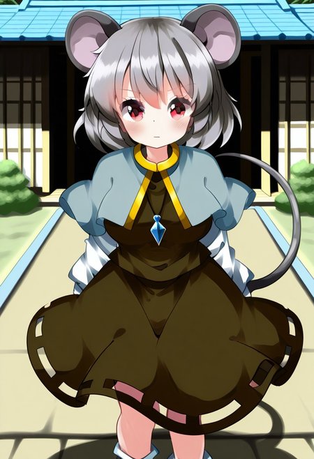 ruu style, (japanese village), (feudal japan), daytime, 1girl, solo, neutral gaze, closed mouth, ((large breasts)),  ((standing)), ((posing)), looking at viewer, ((nazrin)), red eyes, grey hair, short hair, mouse ears, mouse tail, pendant, grey capelet, brown dress, long sleeves, white sleeves, white socks